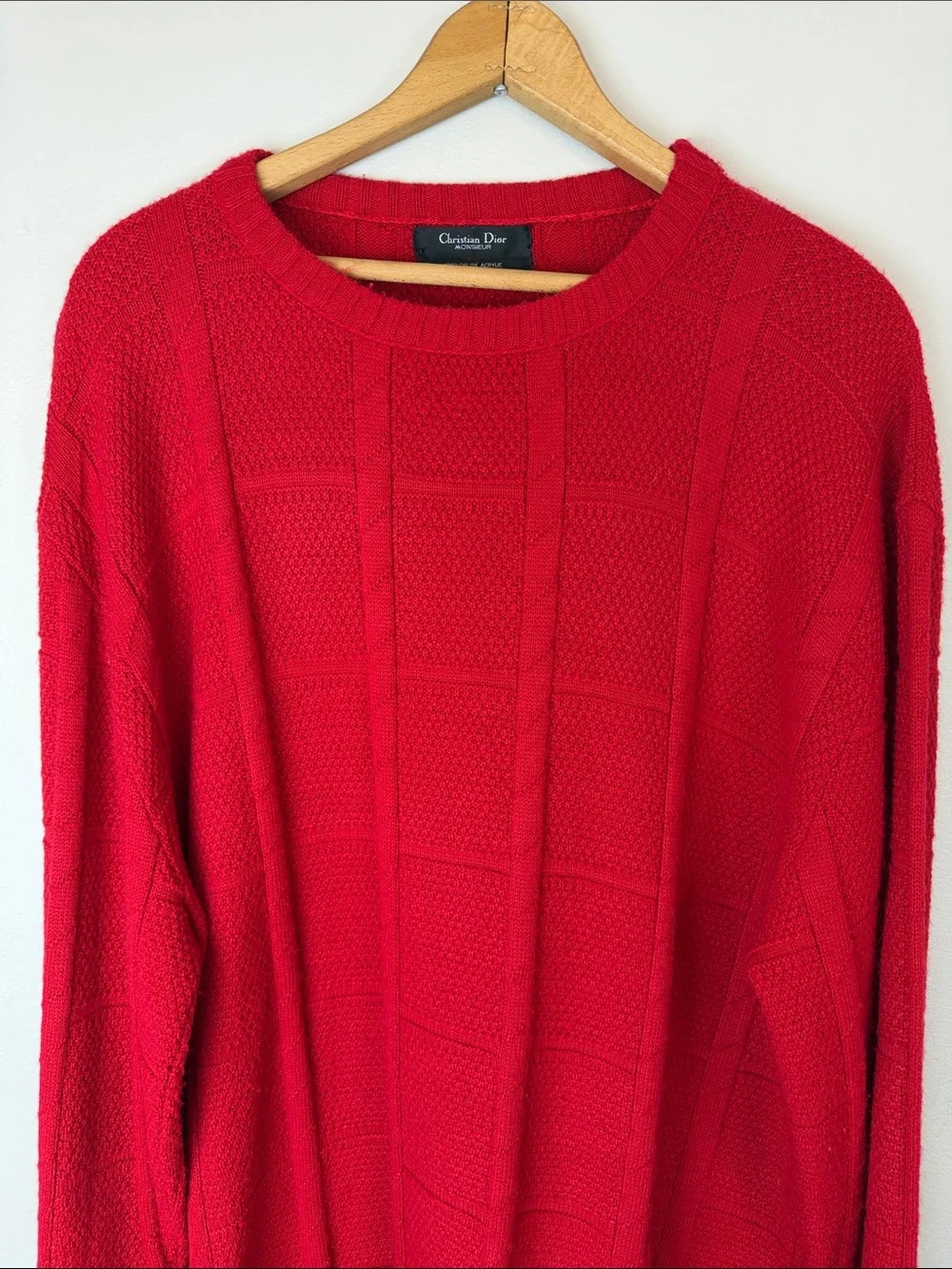 Vintage Christian Dior Monsieur Red Textured Knit Sweater XL Made in USA 90s